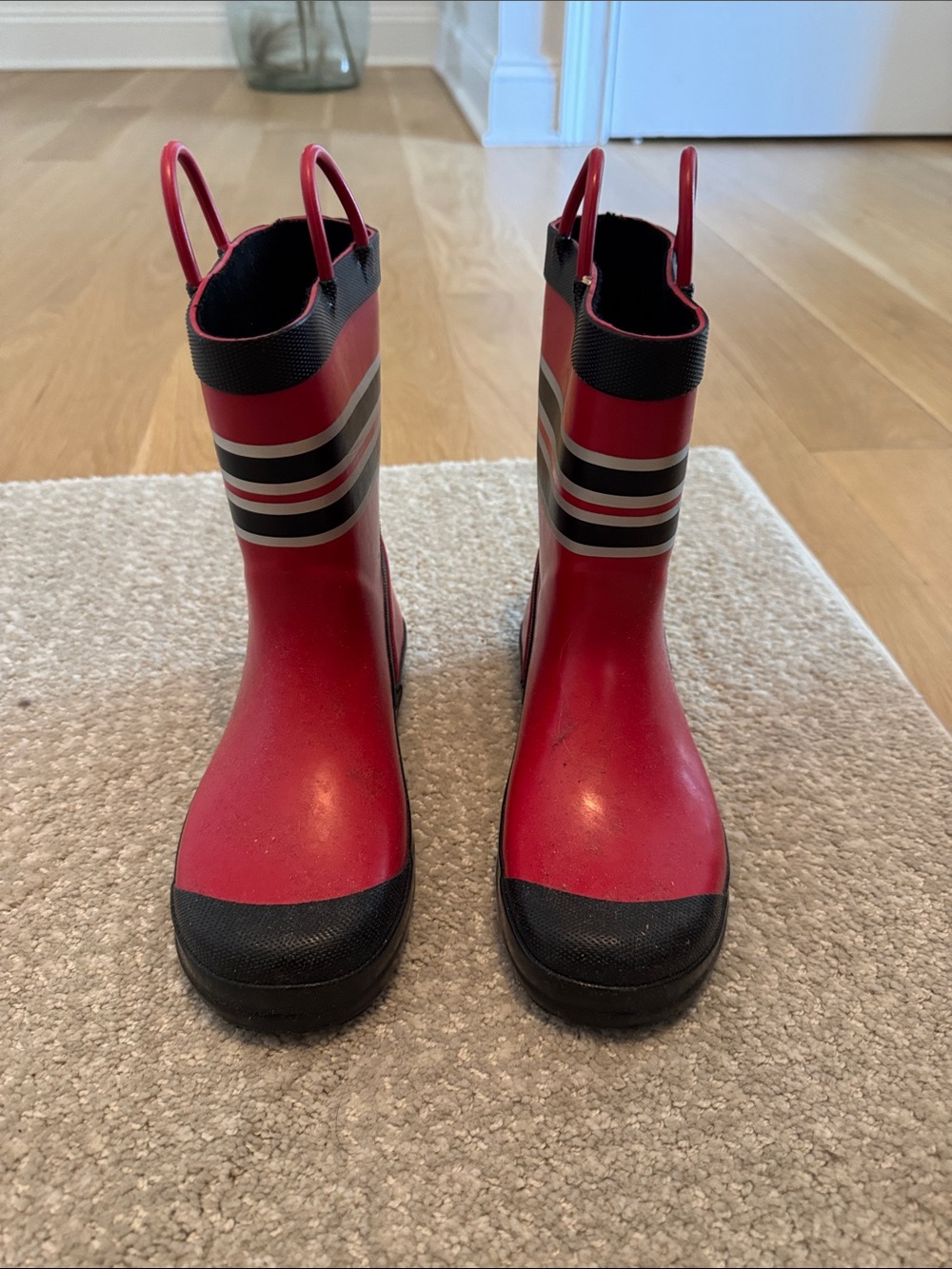 Kamik Kids Red Rain Boots with Black Trim and Striped Accent